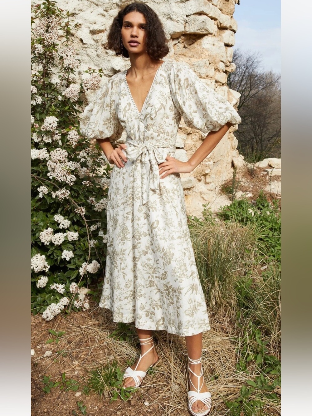 Zimmermann NWOT Linen Day Midi Dress in Sage Botanical Print with Puff Sleeve 0